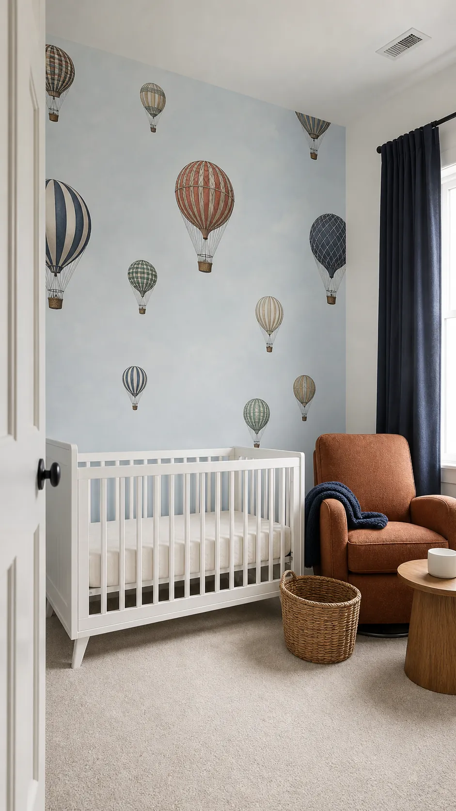 Baby nursery with spacious hot-air balloon wallpaper