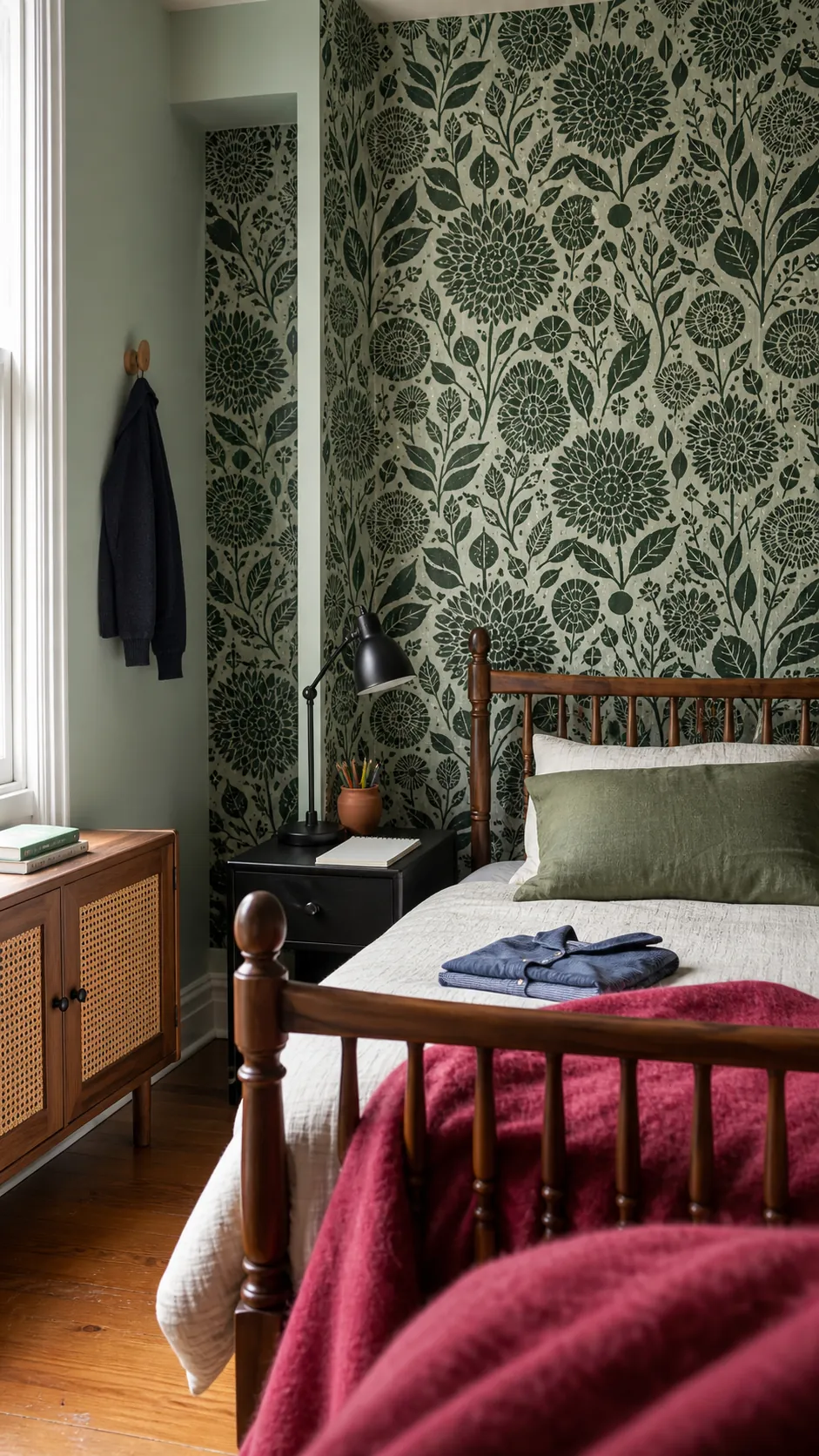 Children's bedroom with handcrafted block-print floral wallpaper