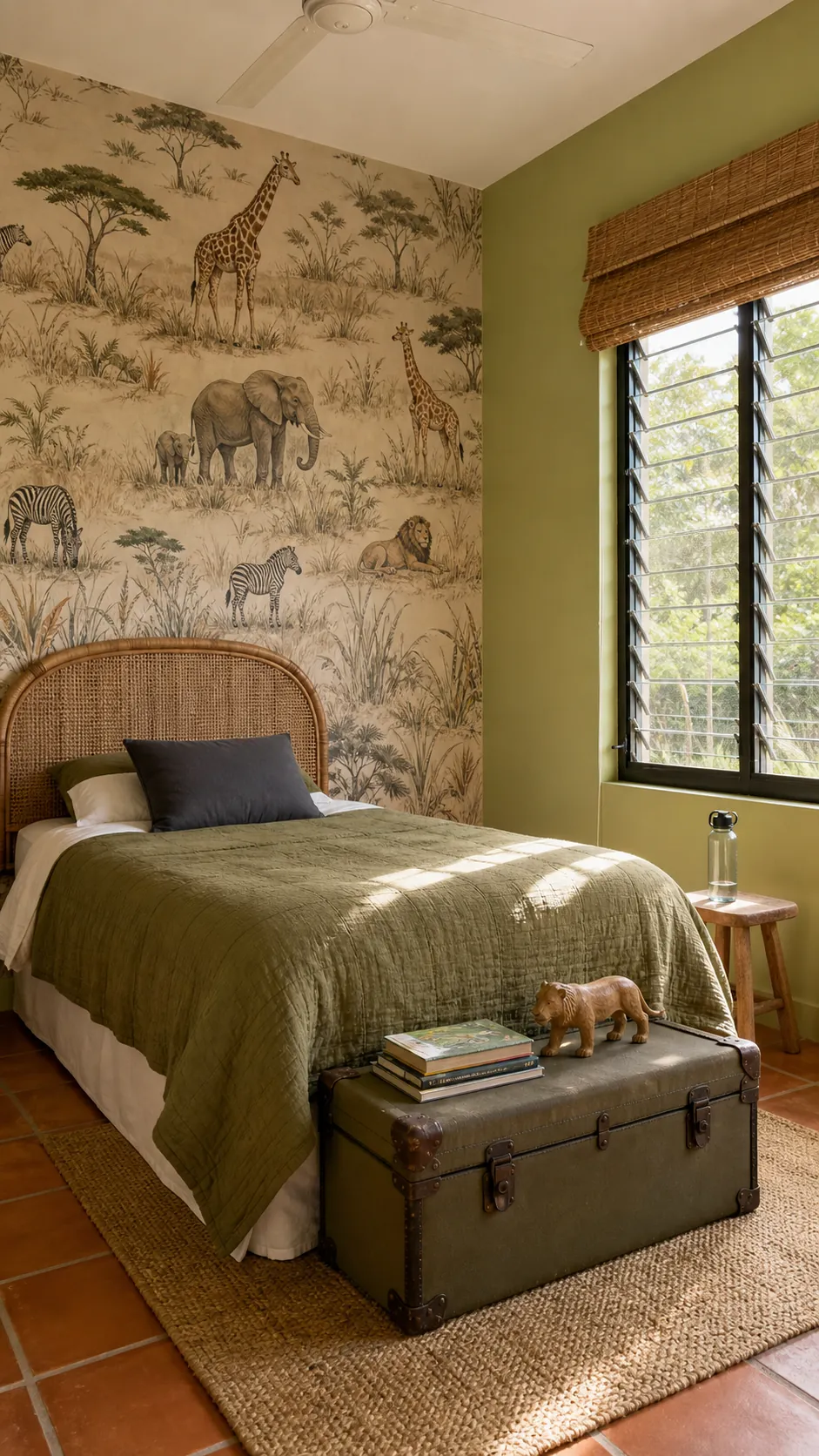 Kids room with small safari animals among grasses wallpaper