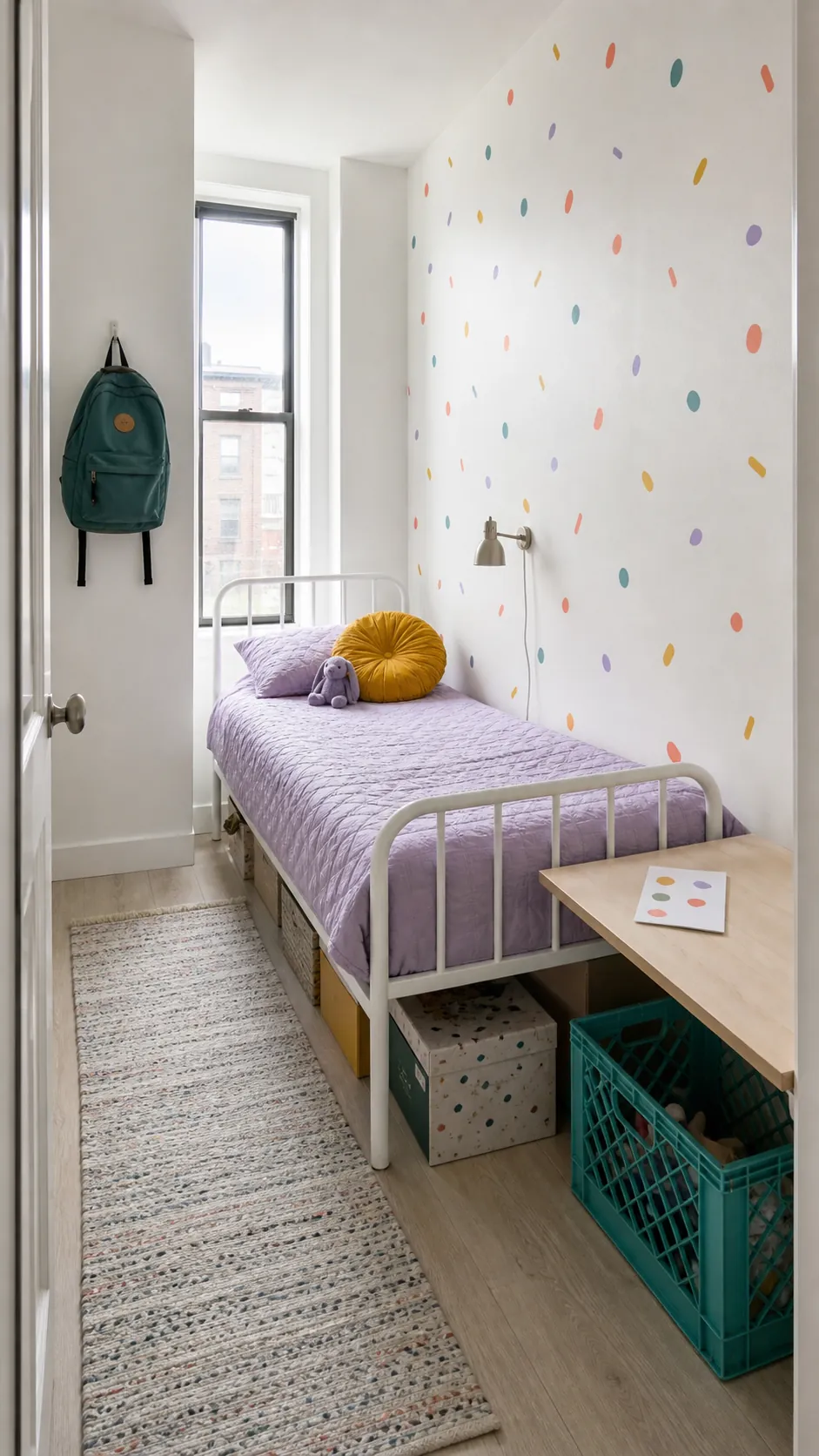 Small children's bedroom with sparse colorful confetti dot wallpaper