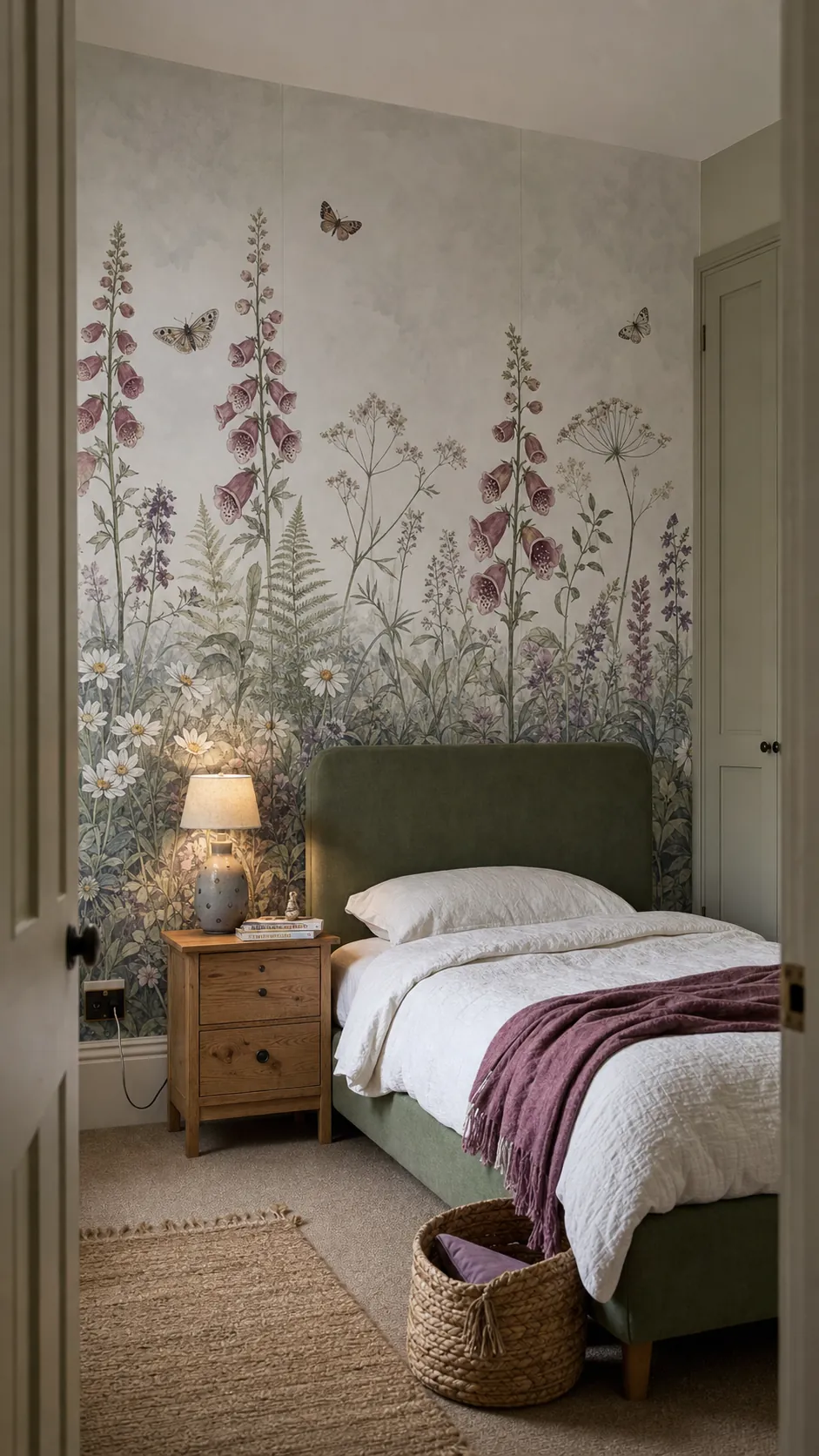 Child's bedroom with a hand-painted garden mural wallpaper