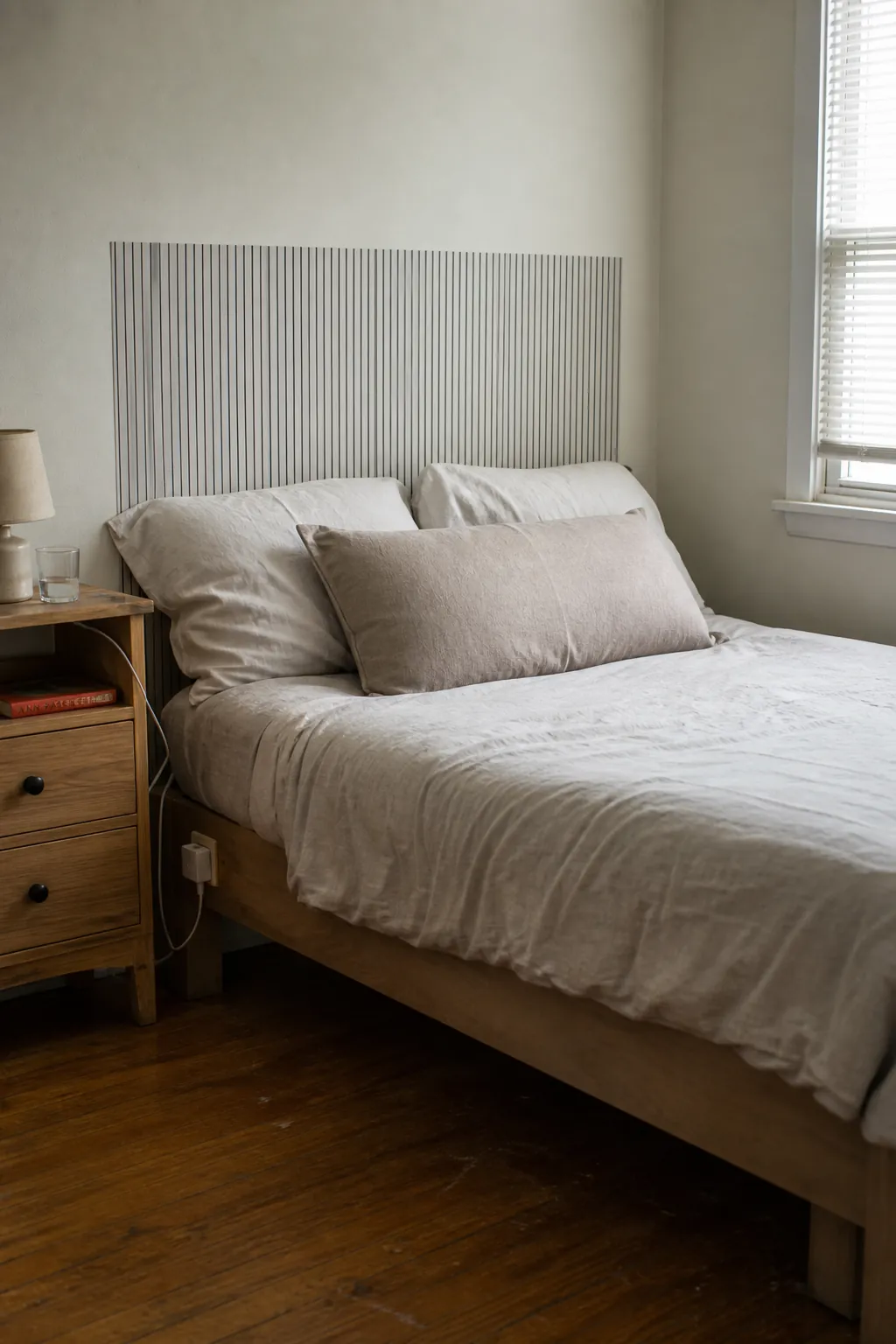 Peel and stick wallpaper headboard panel in a rental bedroom