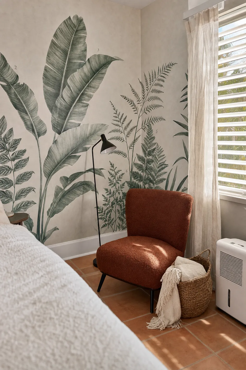 Botanical peel and stick mural wrapping a rental bedroom reading corner