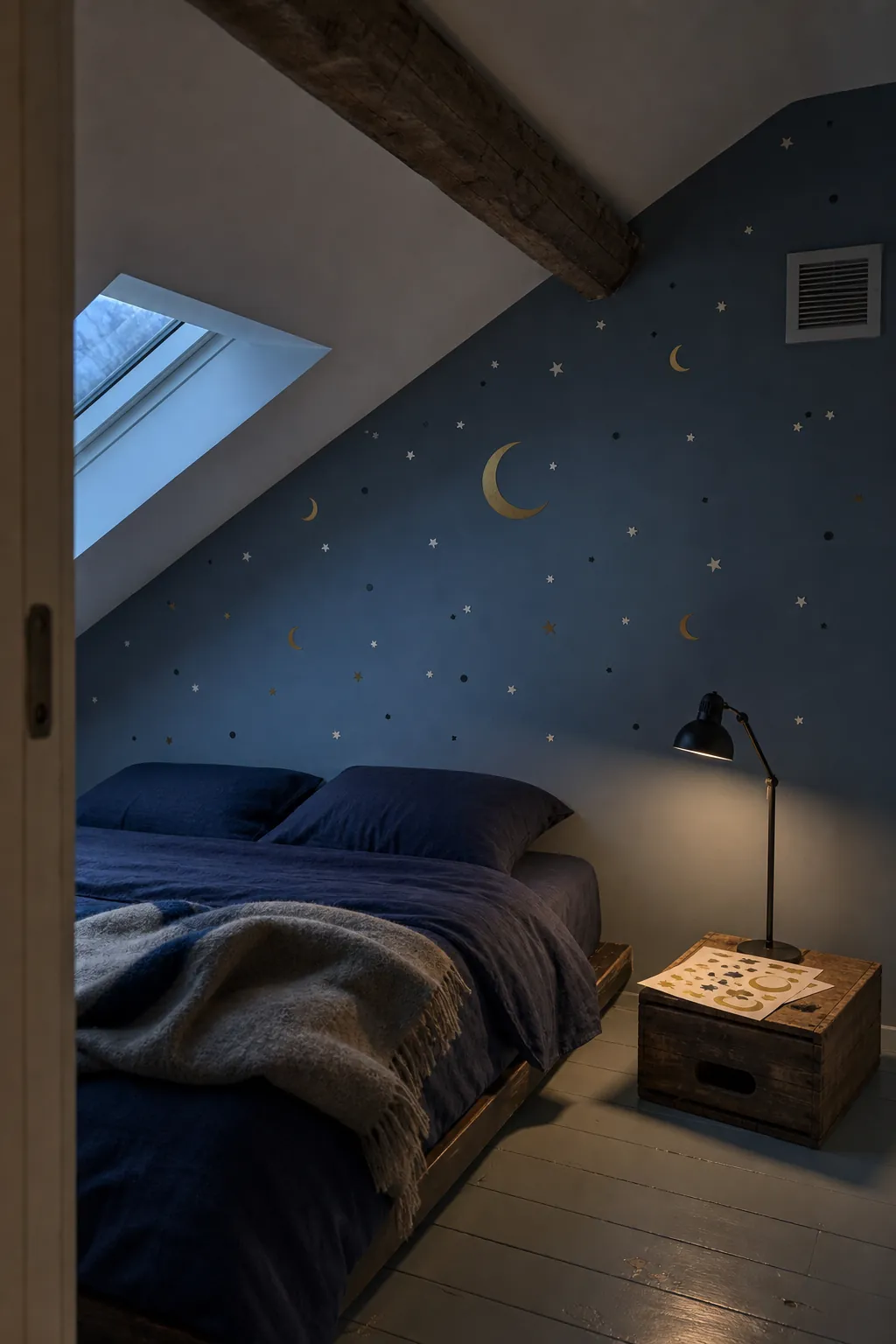 Celestial peel and stick decals arranged across a renter bedroom wall