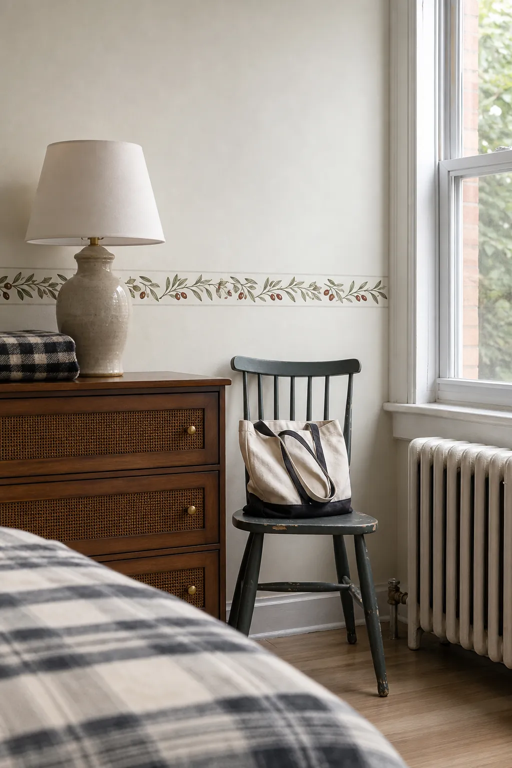 Peel and stick botanical border at chair-rail height in a bedroom