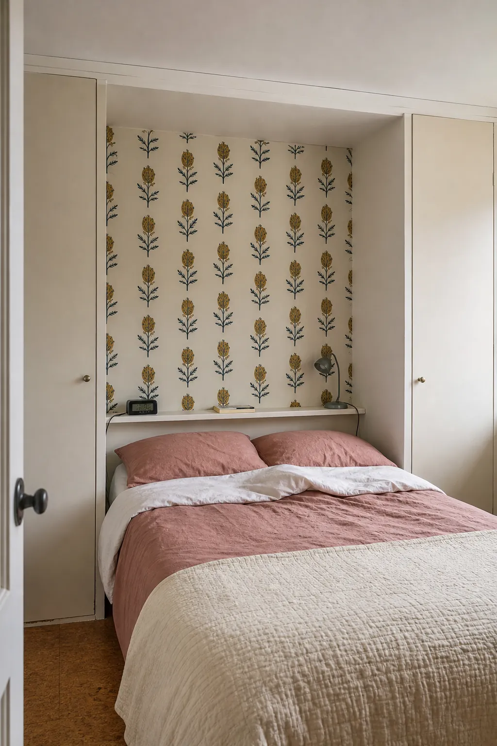 Small patterned removable wallpaper accent inside a rental bedroom alcove