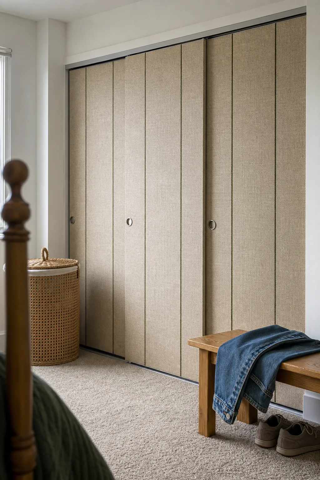 Grasscloth-look removable wallpaper applied to flat rental bedroom closet doors