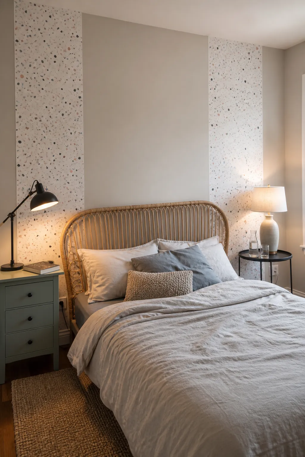 Matching peel and stick wallpaper panels behind two bedroom nightstands