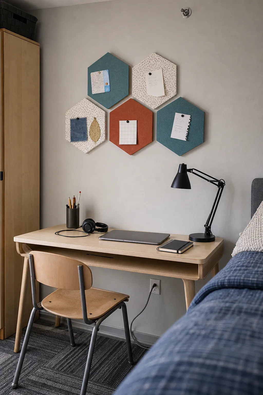Wallpaper-wrapped lightweight display boards above a rental bedroom desk