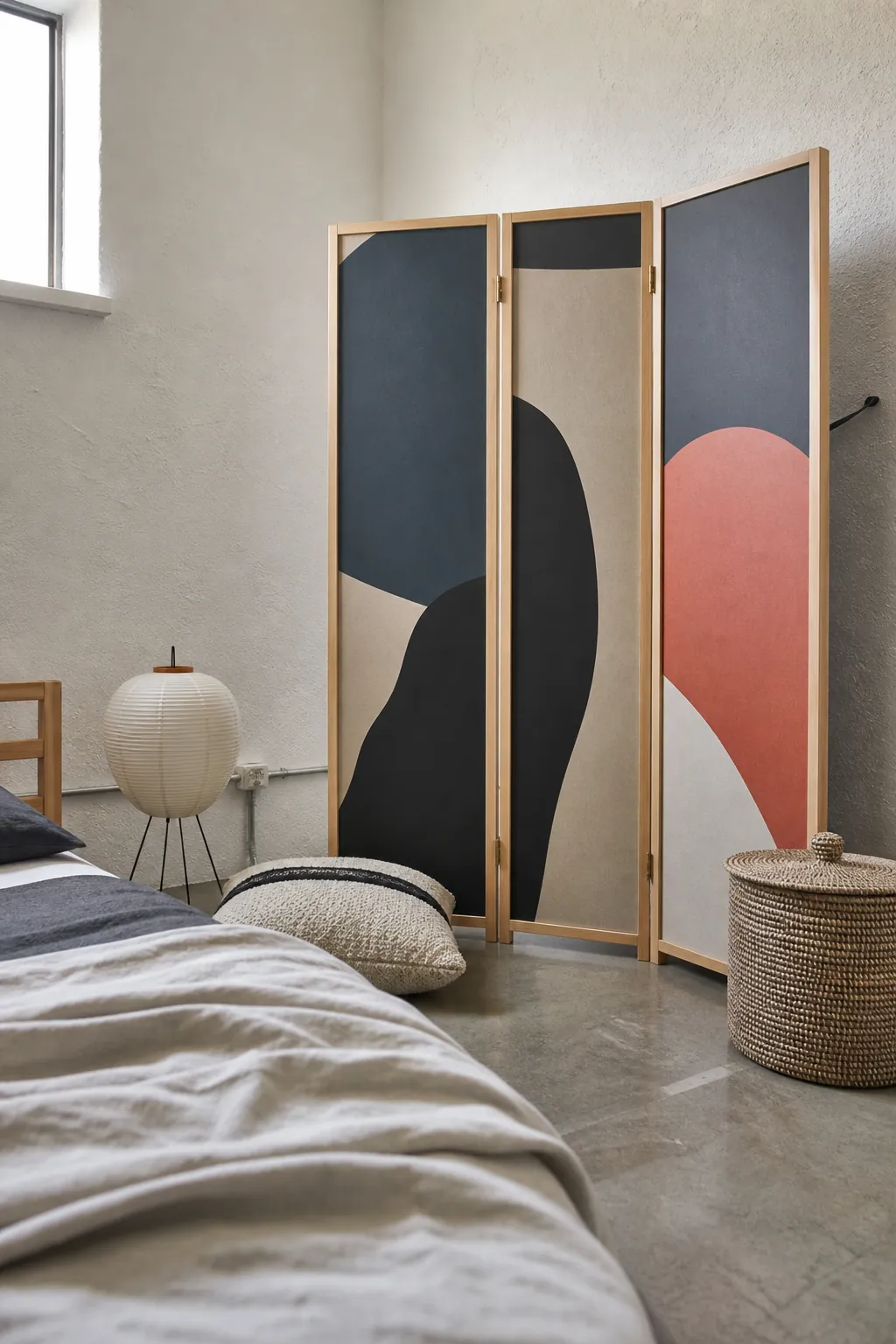 Wallpaper-covered folding screen used as renter-friendly bedroom wall decor
