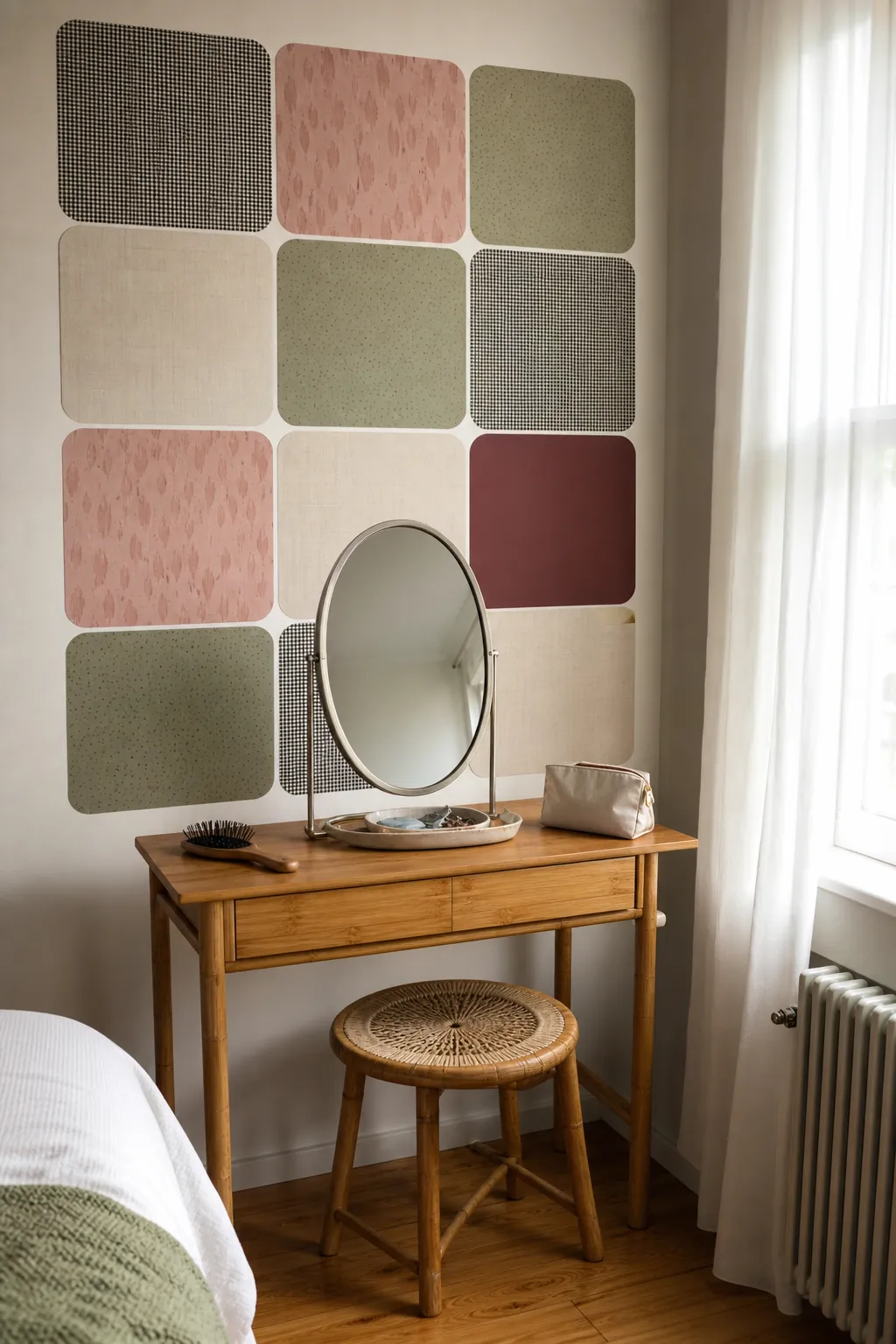 Patchwork of peel and stick wallpaper samples above a rental bedroom vanity