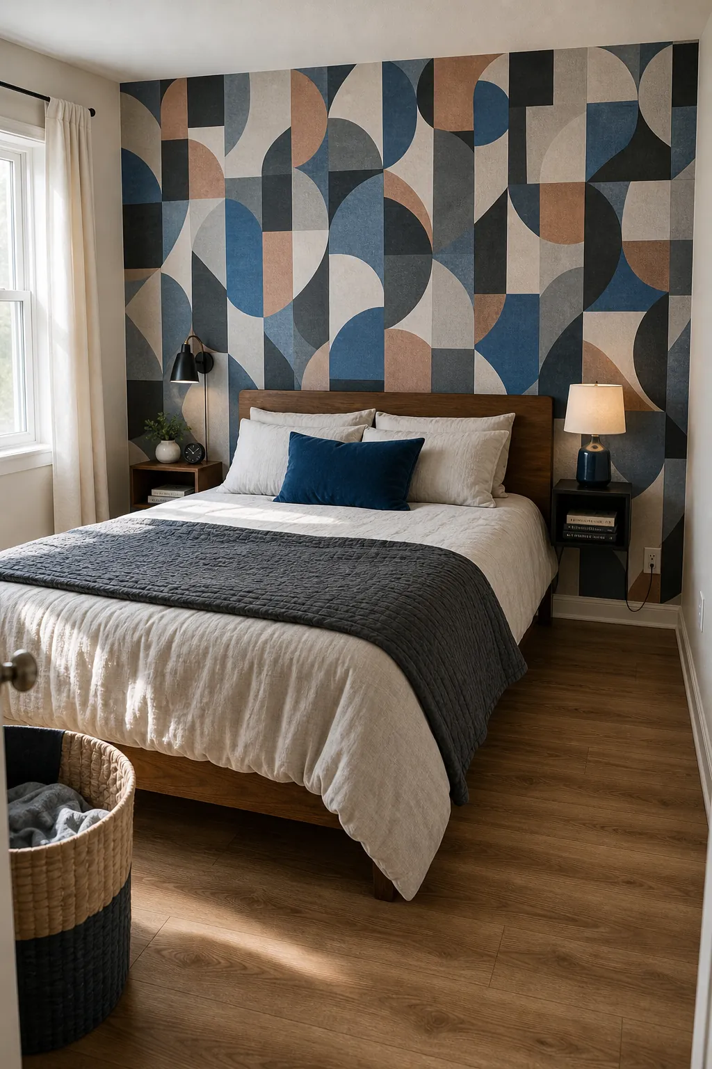 Complete renter-friendly peel and stick wallpaper accent wall behind a bed