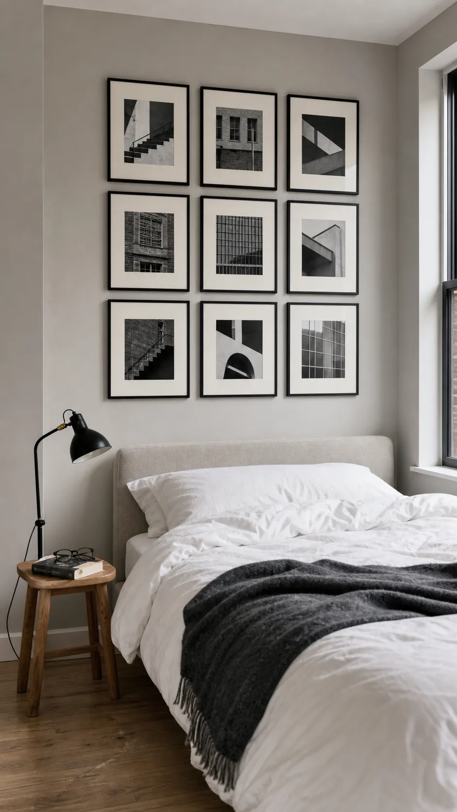 Three-by-three grid of lightweight frames in a rental bedroom