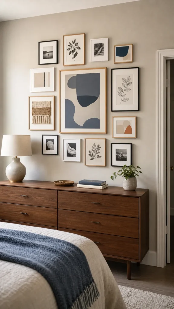 Removable gallery wall with lightweight frames in a rental bedroom
