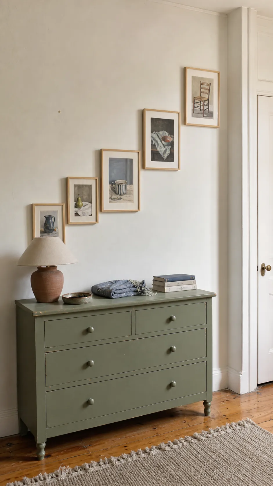Stepped apartment gallery wall beside a bedroom dresser