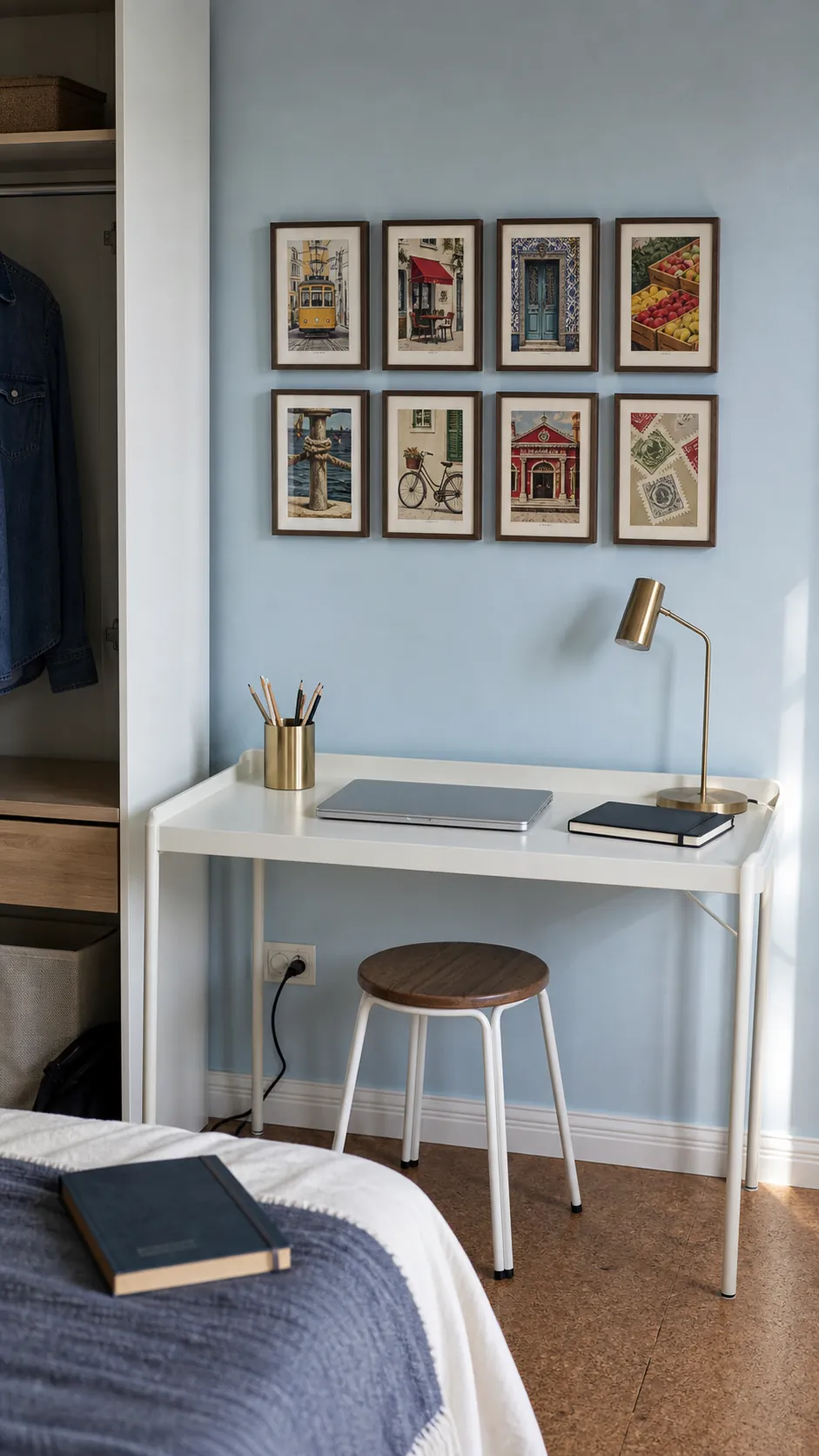 Compact framed postcard gallery wall above a rental bedroom desk