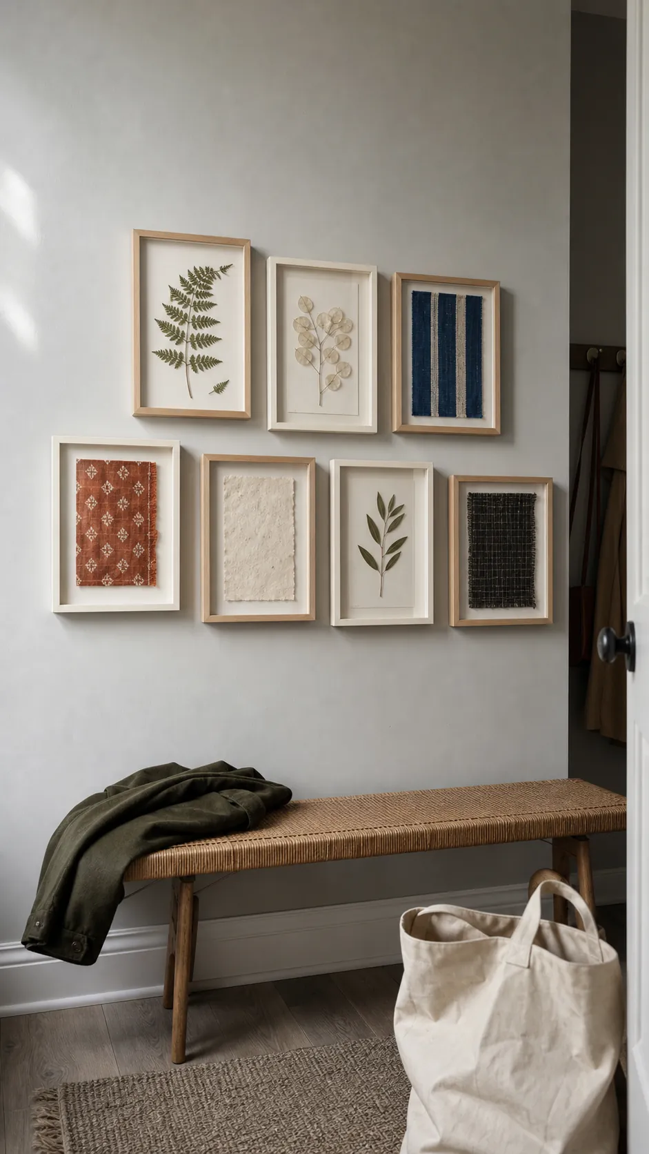 Pressed botanical and textile gallery in lightweight frames