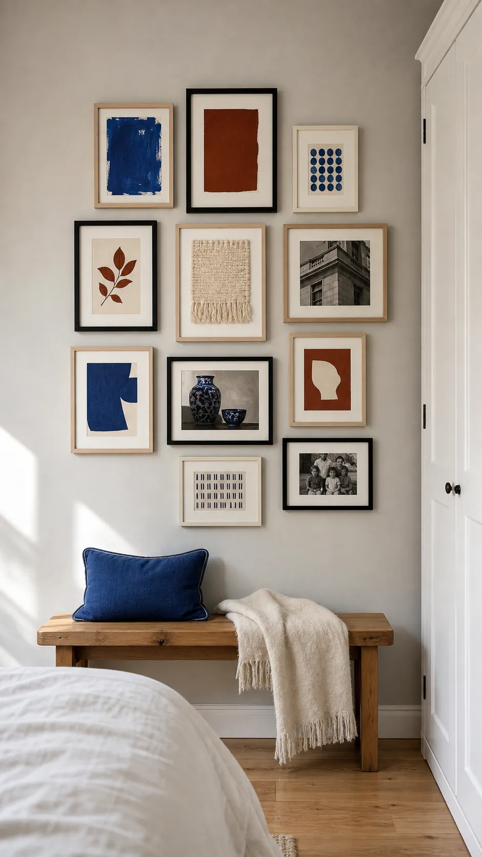 Cobalt rust and cream color-story gallery wall in an apartment