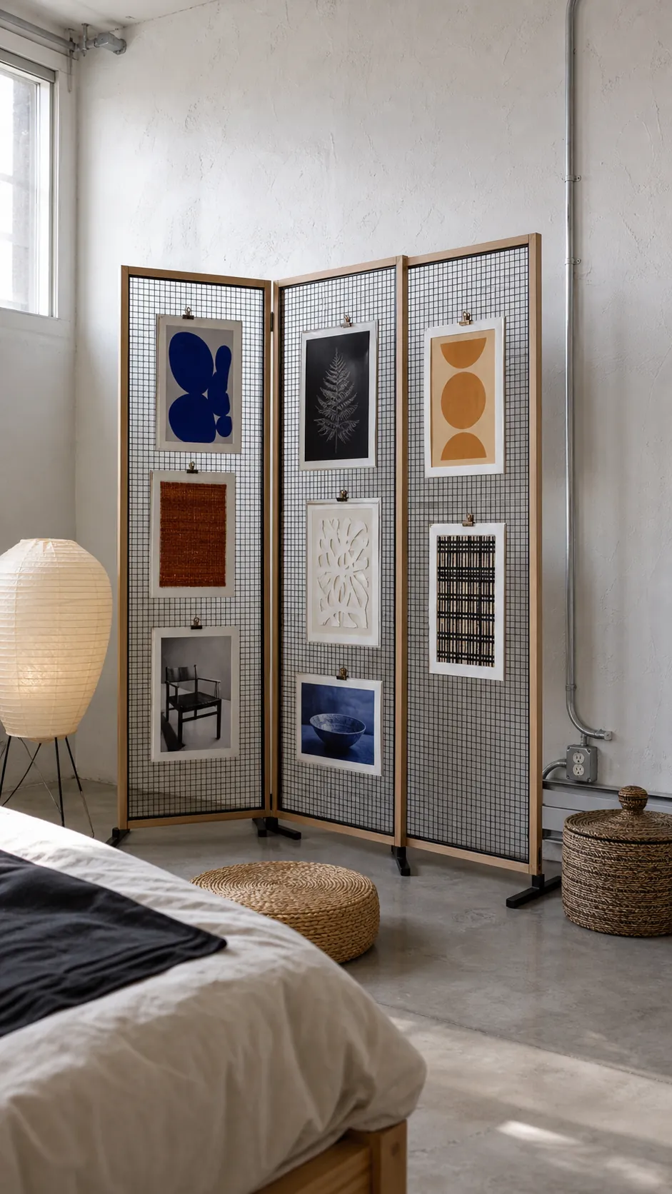 Lightweight framed gallery mounted on a freestanding bedroom screen