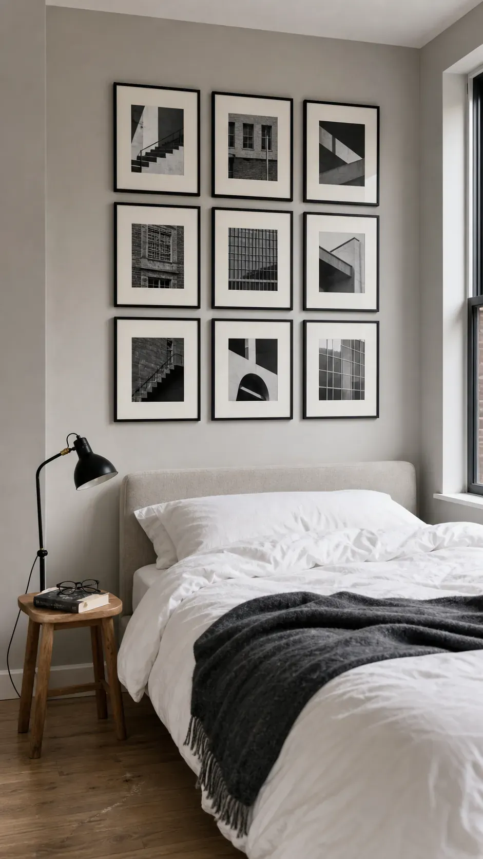 Three-by-three grid of lightweight frames in a rental bedroom