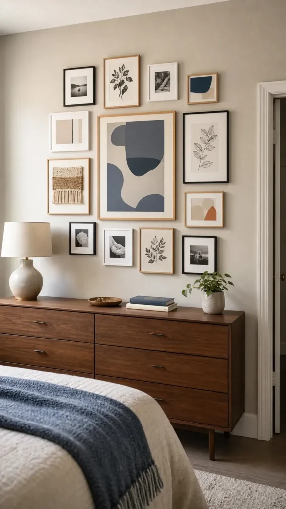 Removable gallery wall with lightweight frames in a rental bedroom