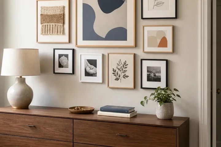 Removable gallery wall with lightweight frames in a rental bedroom