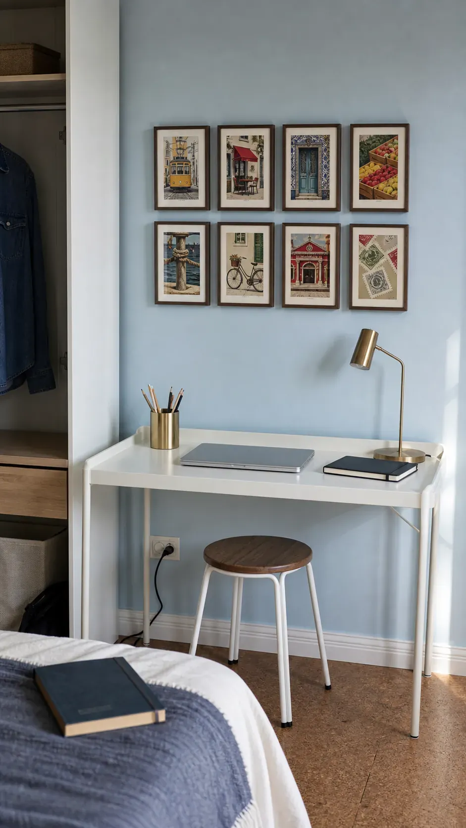 Compact framed postcard gallery wall above a rental bedroom desk