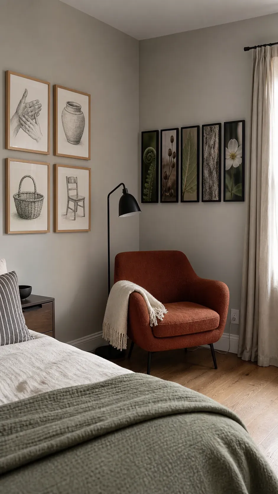 Removable gallery wall wrapping a rental bedroom corner