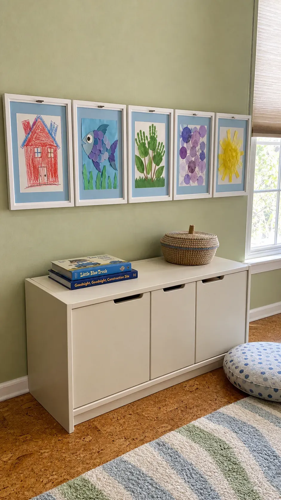 Rotating children’s art displayed in lightweight acrylic frames