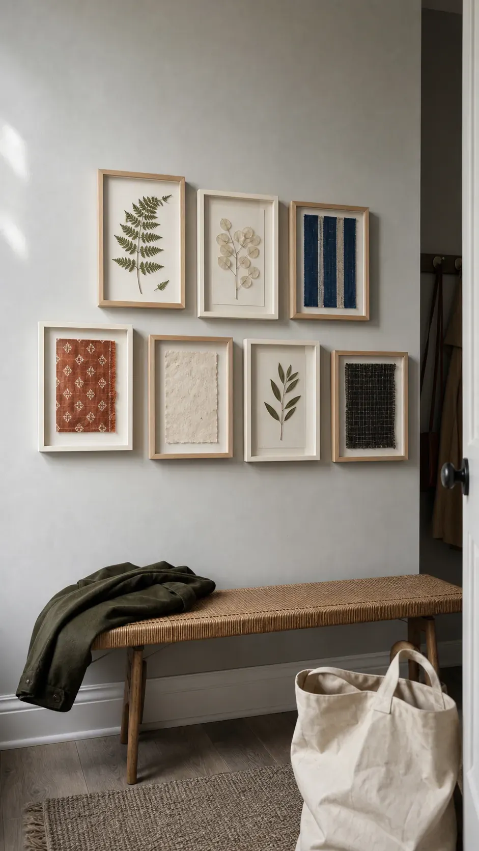 Pressed botanical and textile gallery in lightweight frames