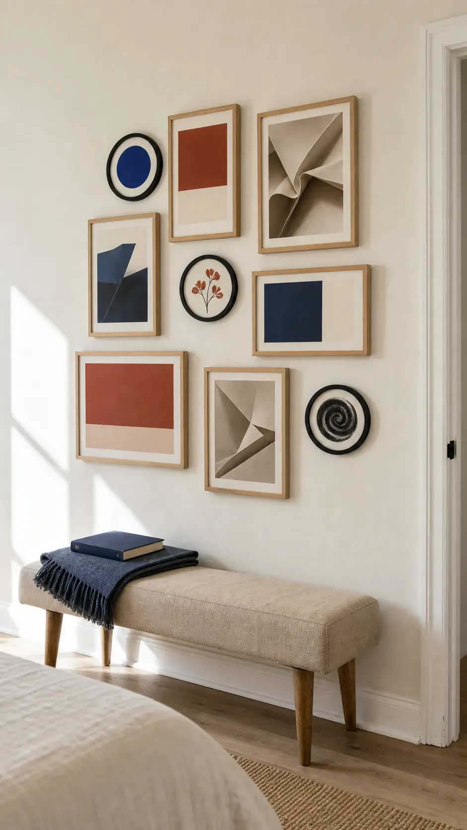Round and rectangular lightweight frames in a renter gallery wall