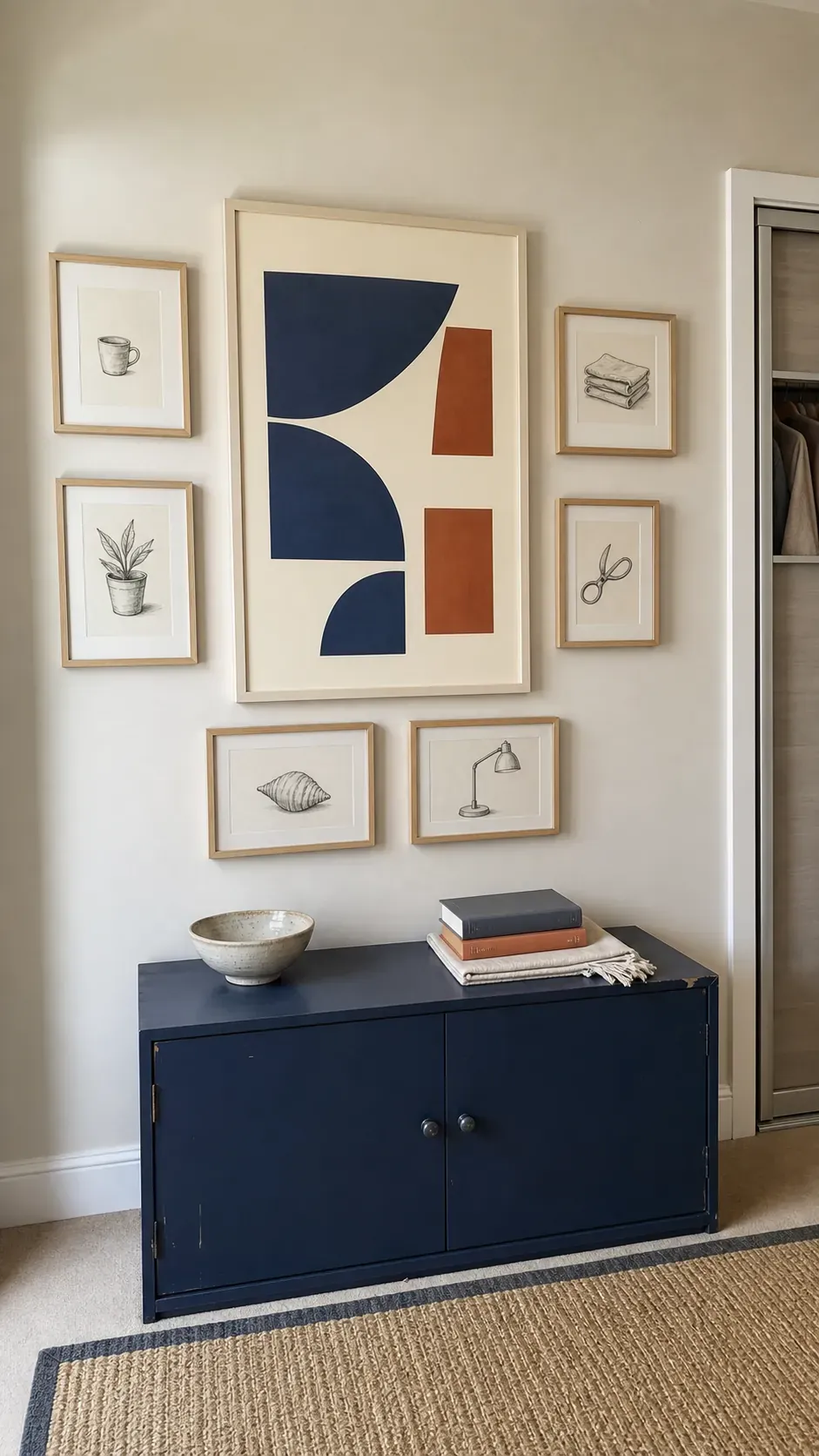 Large foam-core print anchoring a lightweight frame gallery wall
