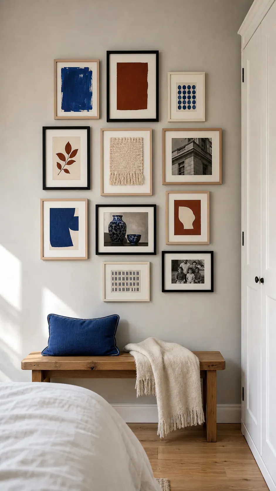 Cobalt rust and cream color-story gallery wall in an apartment