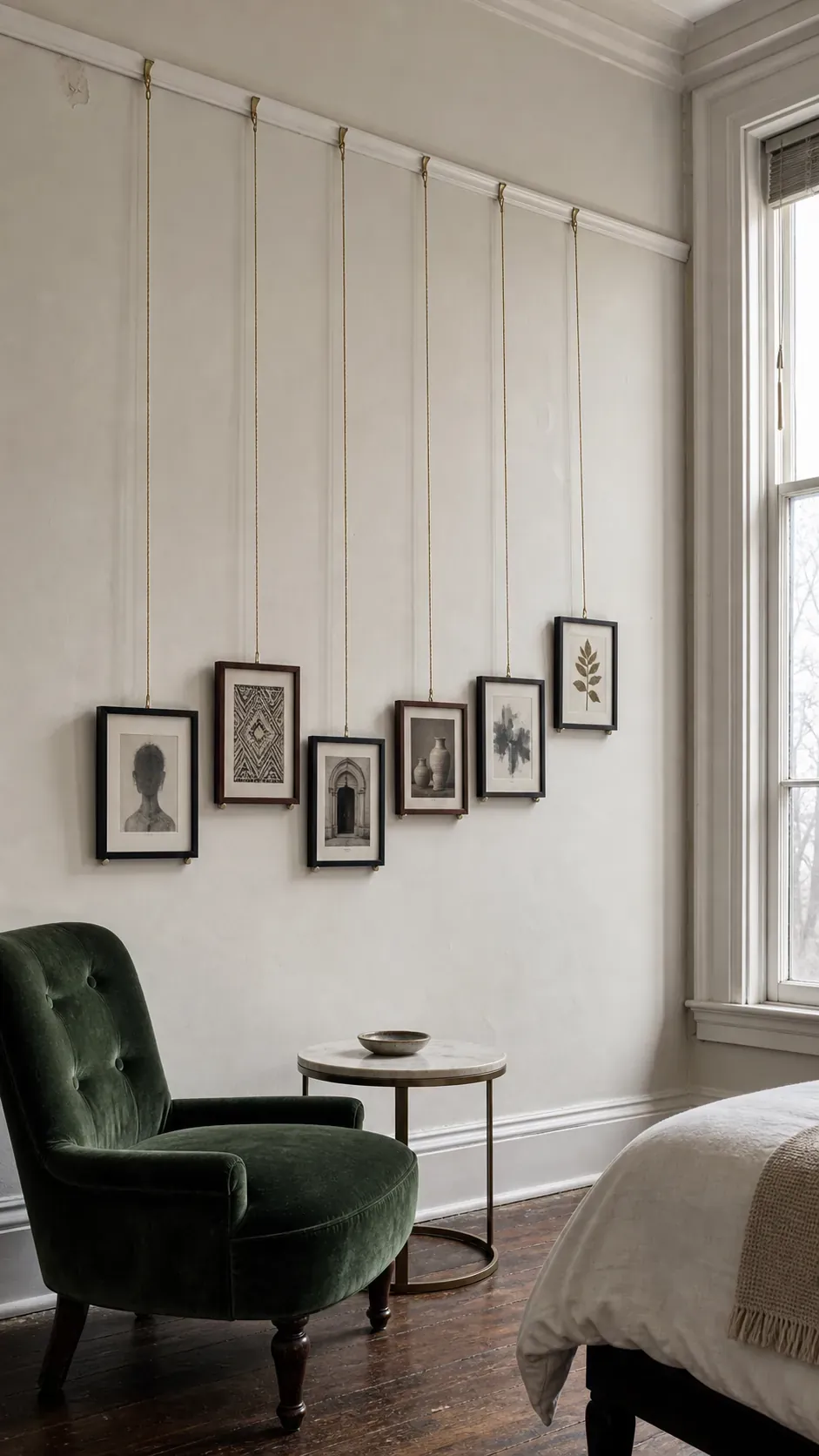 Lightweight frames suspended from an existing apartment picture rail