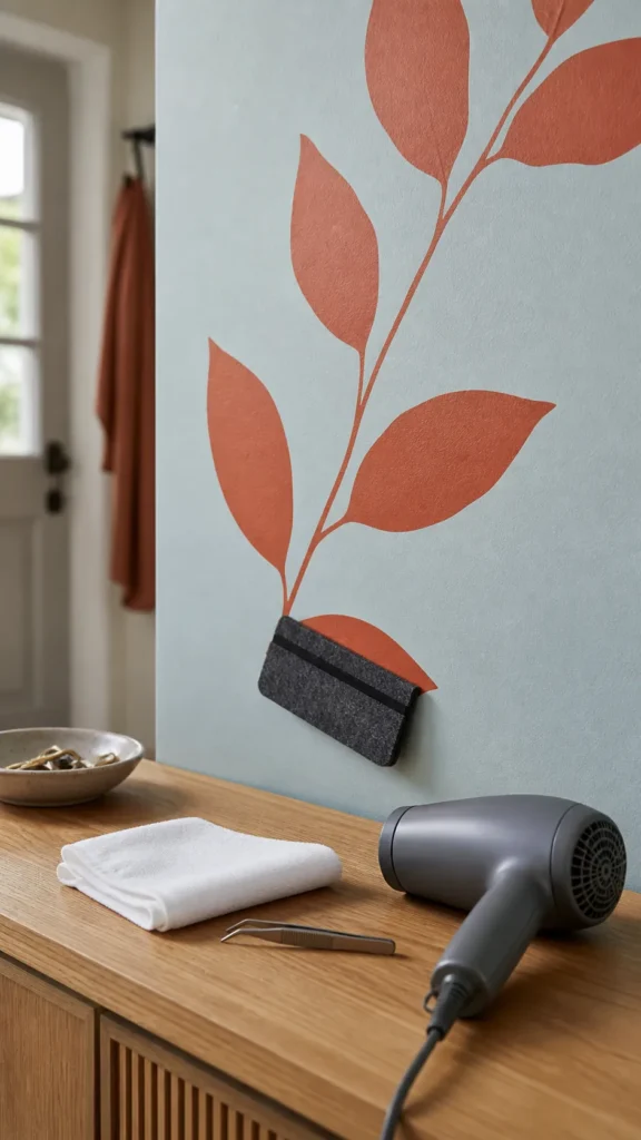 Smooth repaired wall decal beside a felt squeegee and clean repair tools