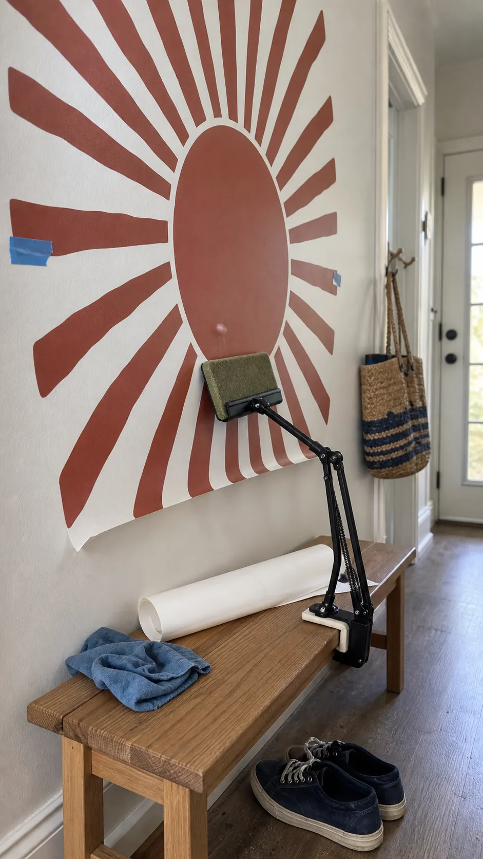 Felt squeegee pushing an air bubble toward the open edge of a wall decal