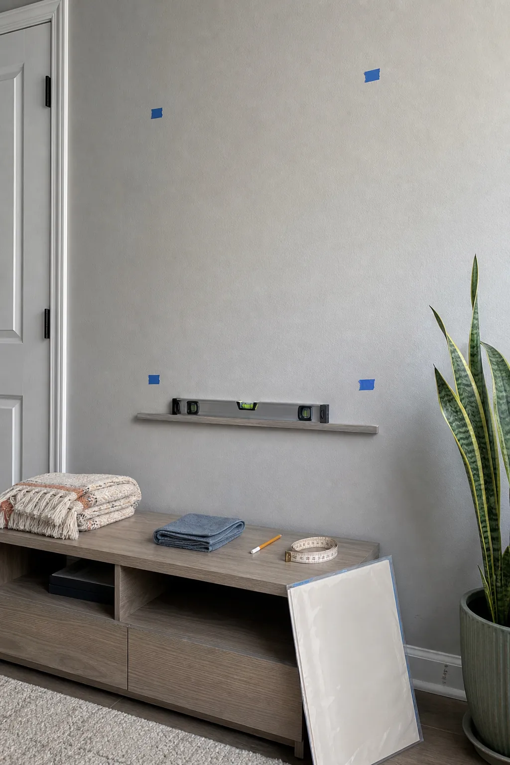 Low-tack tape and level marking a new wall decal position before removal