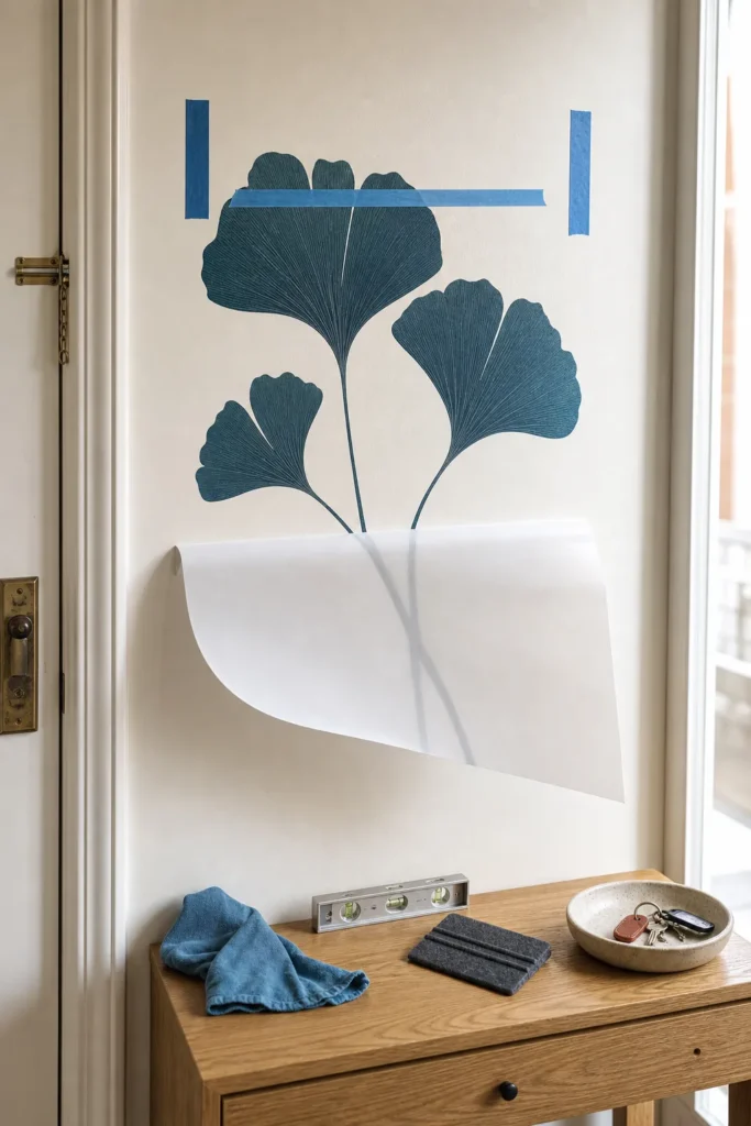 Reusable wall decal being aligned with tape guides and a release liner
