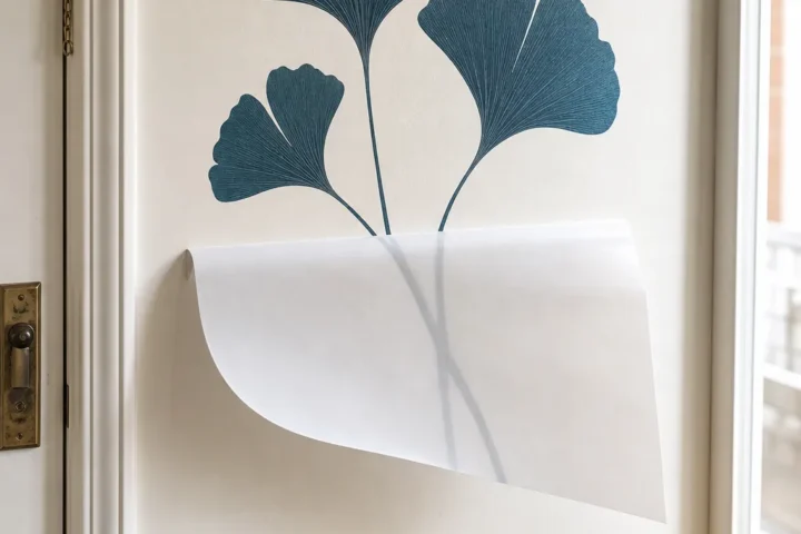 Reusable wall decal being aligned with tape guides and a release liner