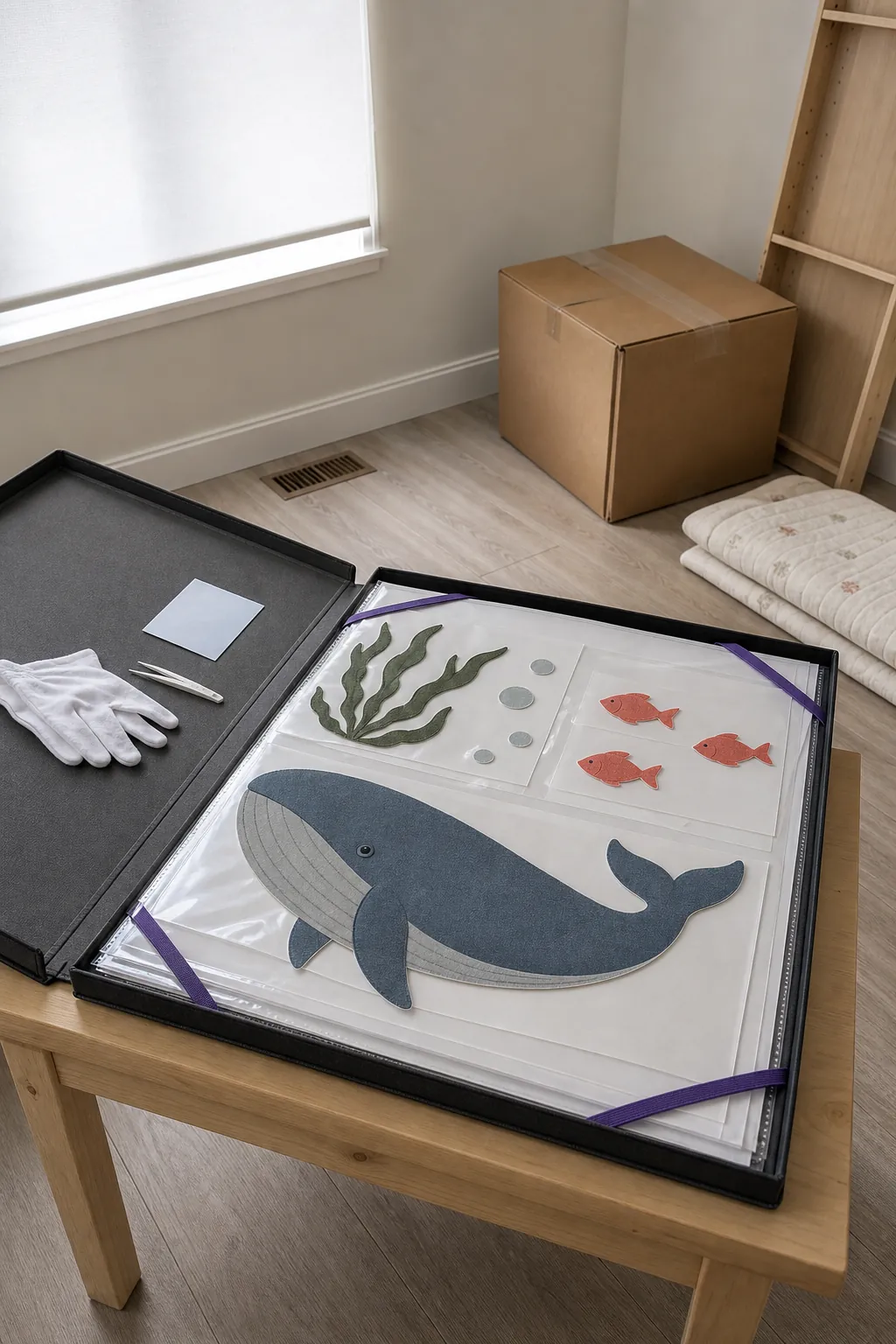 Reusable nursery wall decals organized on liners during a room move