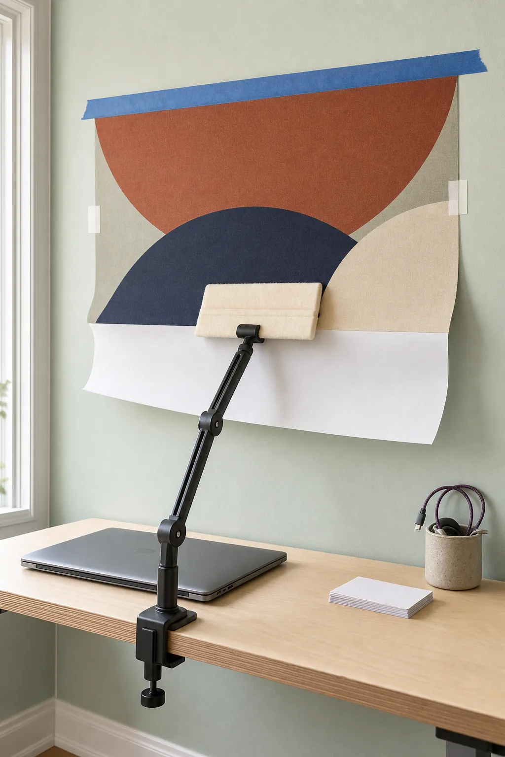 Wall decal aligned and reapplied using a low-tack tape hinge