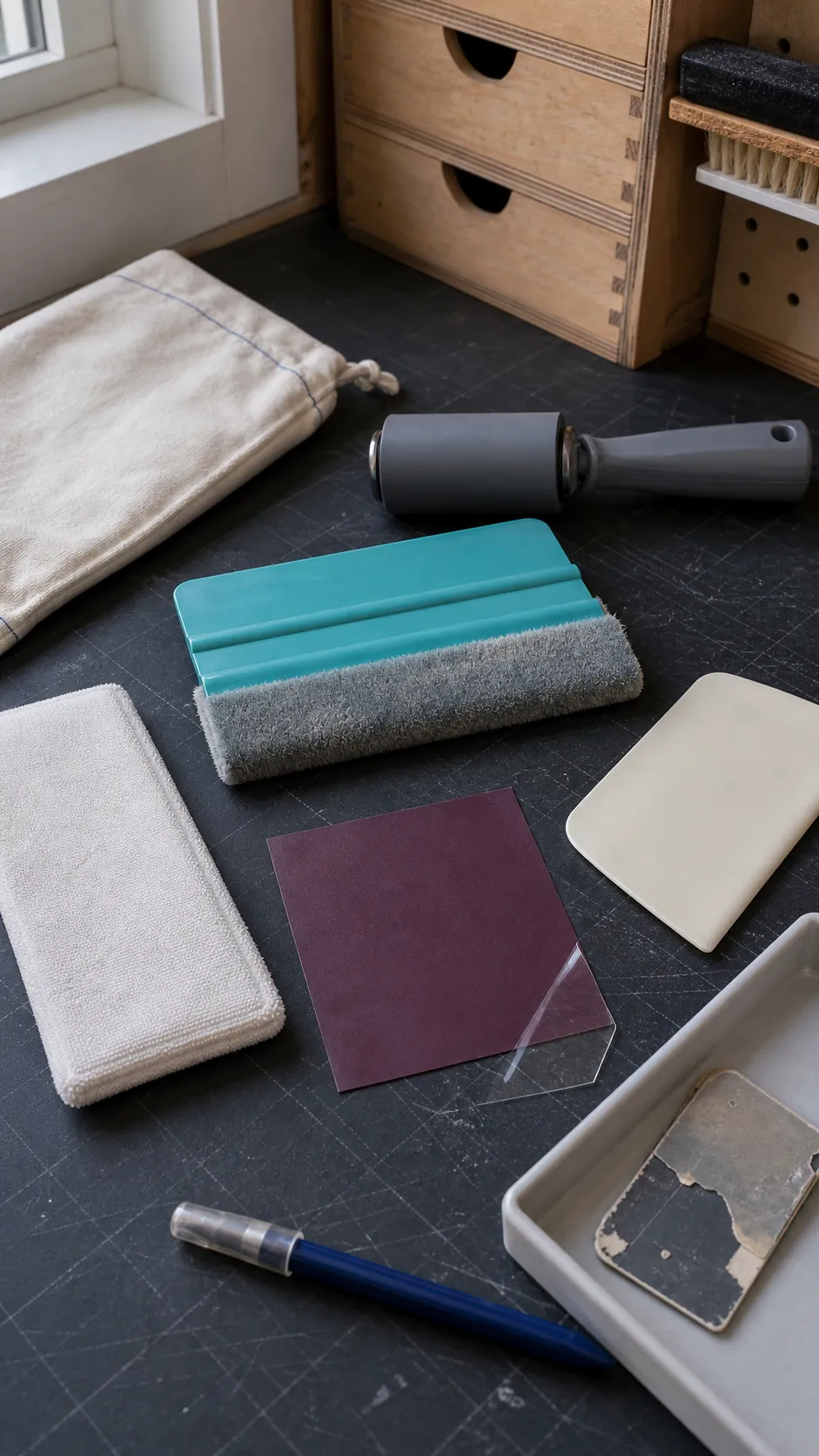 Felt wall decal squeegee and safe applicator alternatives on a clean worktable