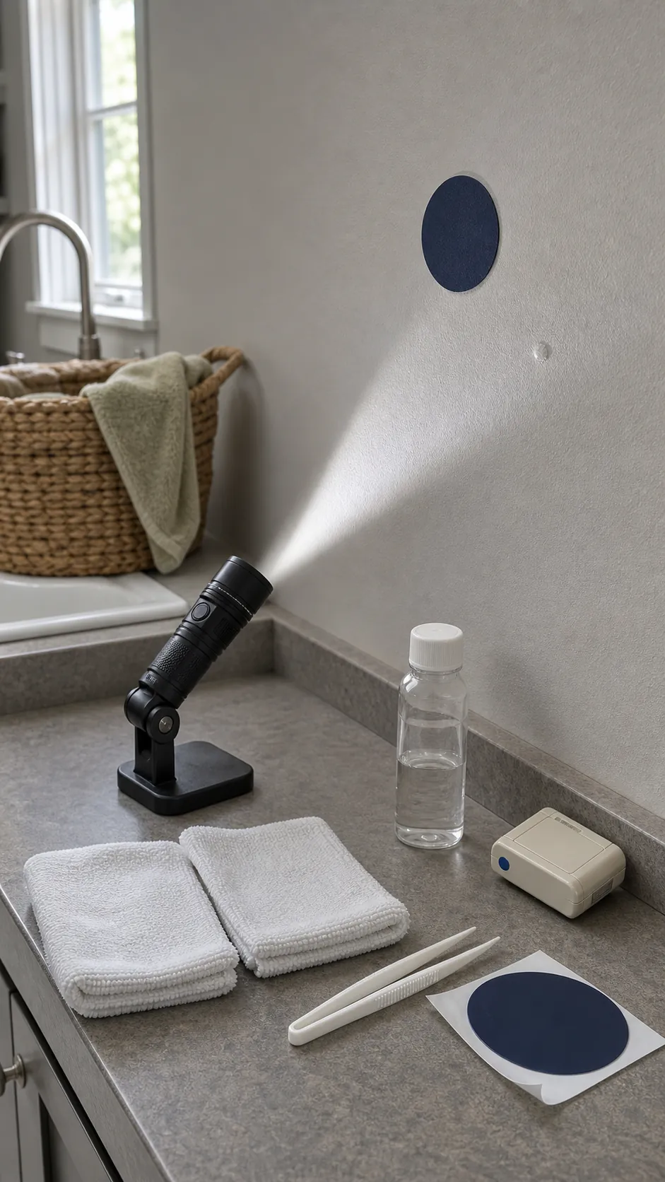 Wall decal surface preparation tools arranged beside a painted wall test area