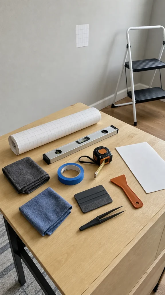 Complete wall decal installation tool kit arranged before application
