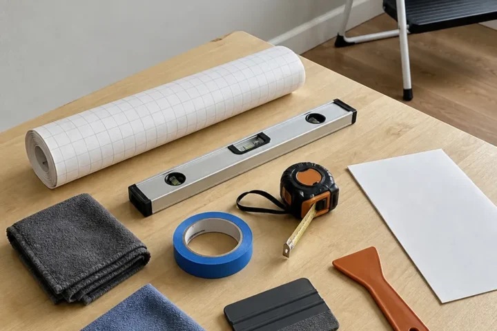 Complete wall decal installation tool kit arranged before application