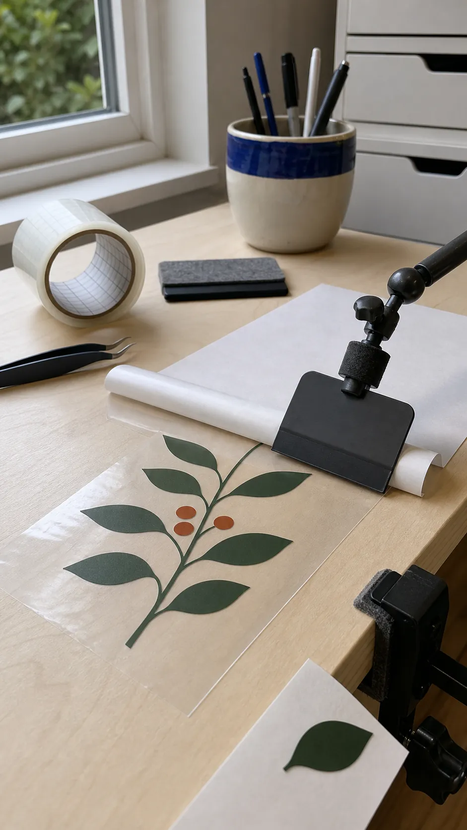 Die-cut wall decal held by transfer tape with scraper and backing paper