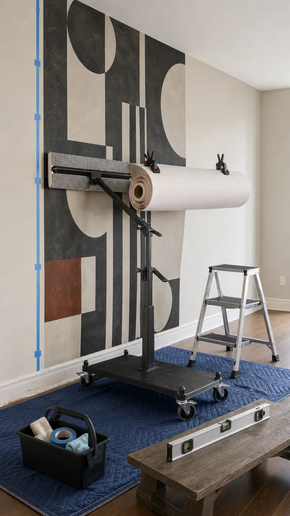 Large wall decal supported by clips hinge tape and a felt squeegee during installation