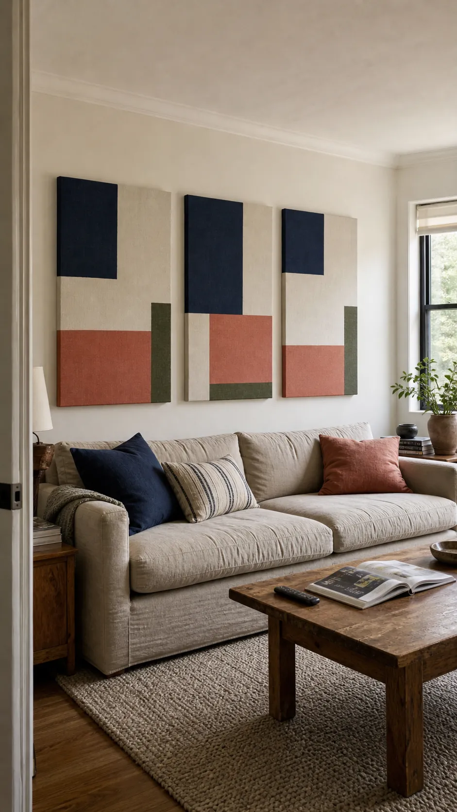 Oversized color-block triptych above a contemporary living room sofa