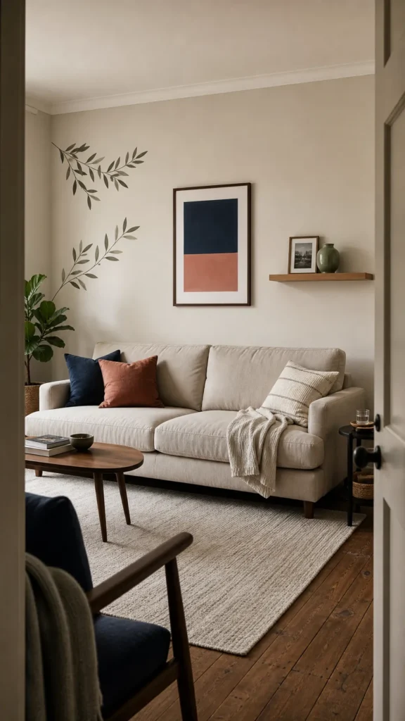 Living room wall decor with decals, art, and a shallow picture ledge