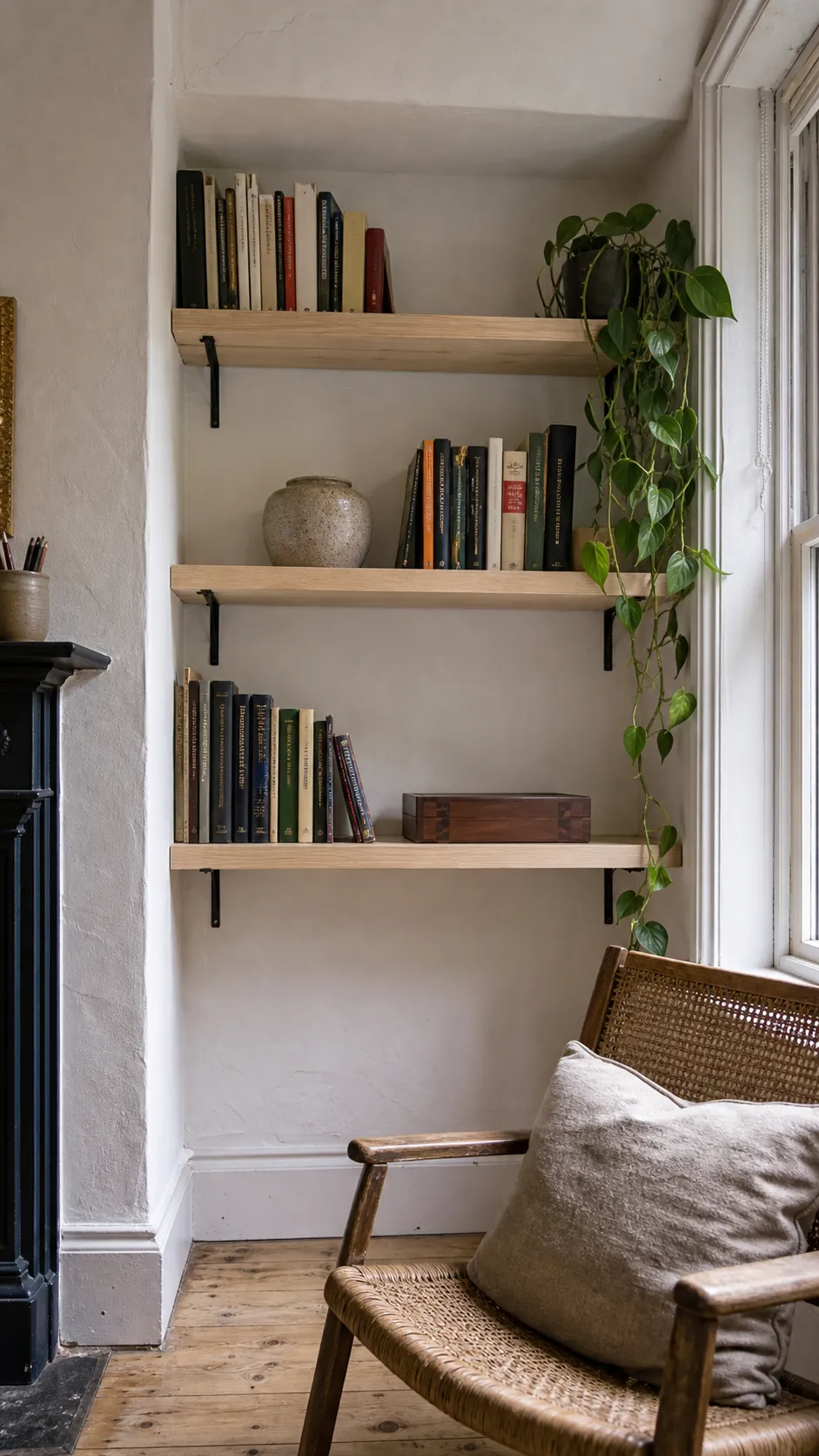Built-in alcove shelves styled with books and handmade ceramics